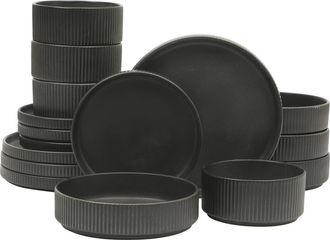 Gibson Home 16 Piece Reactive Glaze Stoneware Plates and Bowls Dinnerware Set in Black at Nordstrom
