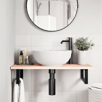 Berkfield Home Elegant Basin Shelf Wall Mounted Steel & Solid Wood Oak in Light Oak