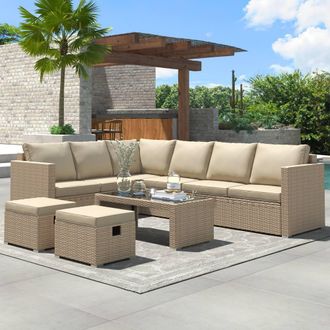 Matteo Garden Corner Sofa Set - Rattan Effect - Khaki