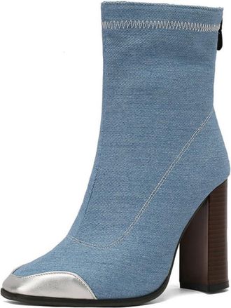Generic Womens Chelsea Ankle Boots with Square Toe and Chunky Heel,Perfect for Office and Everyday,Blue,5.5 UK