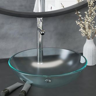 Berkfield Home Bathroom Sink with Tap & Push Drain Frosted Tempered Glass in Silver