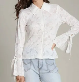 Avec Les Filles Lace Tie Cuff Shirt In White