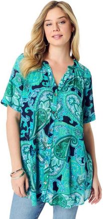 Roaman's Plus Size Angelina Crinkle Crepe Y-Neck Short Sleeve Tunic in Ocean Mixed Paisley at Nordstrom, Size 12
