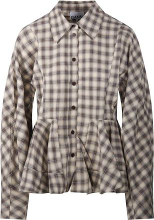Ganni Licht Check Flanellen Peplum Shirt - Dames - Overhemden - Grijs - S - Katoen - Overhemden