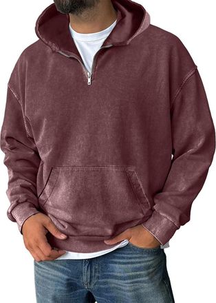 Generic Quarter Zip Pullover Sweatshirts for Men Acid Washed Hoodies Casual Long Sleeve Hoody Tops Fall Winter Distressed Hooded Sweatshirts Wine