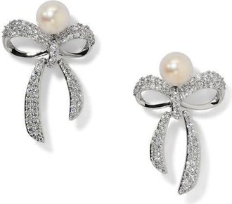Nadri Eros Small Bow Faux Pearl Stud Earrings in Rhodium at Nordstrom