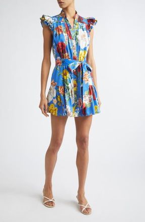 Alice & Olivia Cora Flora Stretch Cotton Minidress in Endless Blossom Blue Iris at Nordstrom, Size X-Large