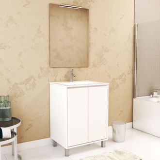 Aurlane Aurlane - Pack Mueble De Ba&ntilde;o 60 Cm Blanco Lacado 2 Puertas, Lavabo, Espejo 60x80 Y Aplique Led