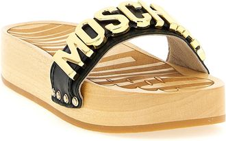Moschino Womens Black Calfskin Slides Shoe