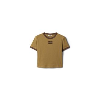 Miu Miu Cotton Jersey T-shirt, Woman, Military Green/cocoa Brown, Size XXL