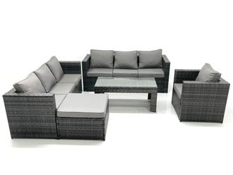 Fimous Rattan Garden Furniture Set Outdoor 8 Seater Patio Conversation Sets with Glass Top Coffee Table in Dark Grey