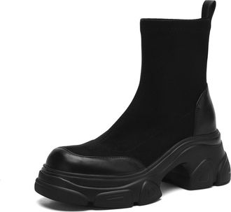 Generic Womens Sock Ankle Boots Chunky Platform Heels Suede Leather Mix Fashion Boots Comfortable for Daily Wear Street Style Dating,Black,3.5 UK