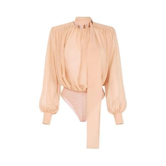 Elisabetta Franchi Body, female, Beige, Size: XS Silk Georgette Bodysuit with Sash