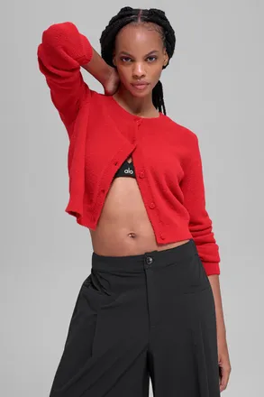 Alo | Snuggle Up Sweater Cropped Cardigan Top in Bright Red, Size: Medium