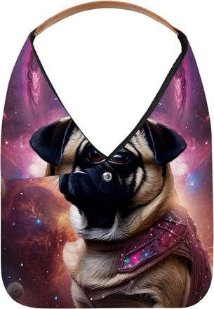 Generic Purple Galaxy Pug Dog Reusable Lightweight Grocery Bags - Foldable Into Compact Pouch, Washable & Sturdy, Multipurpose for Shopping and Travel