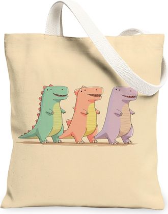 Generic Cute Dinosaur Canvas Tote Bags, Fun Dino Pattern Reusable Grocery Bags, Lightweight Washable Shoulder Strap Canvas for Gym, Beige, 13x15 Inch
