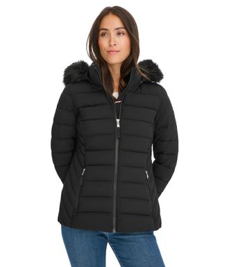 Tommy Hilfiger Womens Faux Fur Trimmed Short Puffer, Black, XL