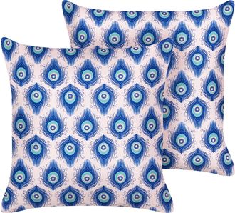 Beliani Beliani - Conjunto De 2 Cojines De Jard&iacute;n Almohada De Exterior 45 X 45 Cm Poli&eacute;ster Motivo Pavo Real Azul Y Rosa Ceriana