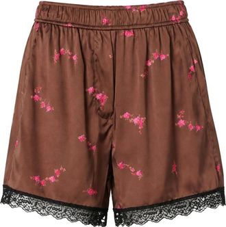 Ganni Shorts in raso di seta lavata con stampa e bordo in pizzo - - Shorts - Donna - Marrone - S