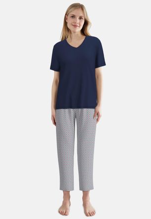 Tom Tailor Pyjama TOM TAILOR, Damen, Gr. 36, blau, dunkel, allover, Single Jersey, Obermaterial: 95% Baumwolle, 5% Elasthan, bequem, V-Ausschnitt, gerader Abschl