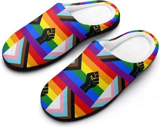 Generic LGBT Proud Flag with Raised Fist Mens House Slippers Memory Foam Washable Cotton Slip on Home Shoes