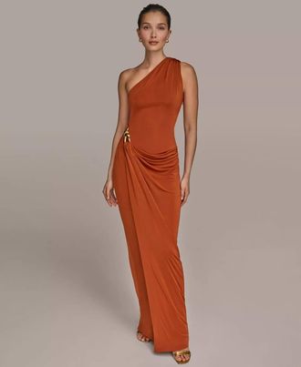 DKNY Womens Asymmetric Slinky-Knit Gown In Orange