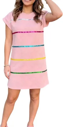 Entro Angel Cap Sleeve Trim Embellished Dress In Pink