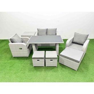 Fimous Outdoor Rattan Garden Furniture Dining Set 7-seater Patio Rectangular Table Love Sofa Reclining Chair Set with Side Table 3 Stools - Fimous