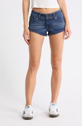 Madden Girl Button Flap Micro Mini Denim Shorts in Dark Wash at Nordstrom Rack, Size 13