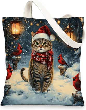 Generic Christmas American Shorthair Cat Canvas Tote Bag for Shopping 13x15, Winter Cardinal Xmas Animal Reusable Grocery Print Bag for Women, Holiday Pet Bea