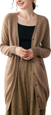 Dissa Women Cashmere Cardigan Brown V-Neck Knitted Cardigan Long Sleeve Relaxed Cashmere&Wool Thin Plain Ladies Sweater,UK 10,MH602