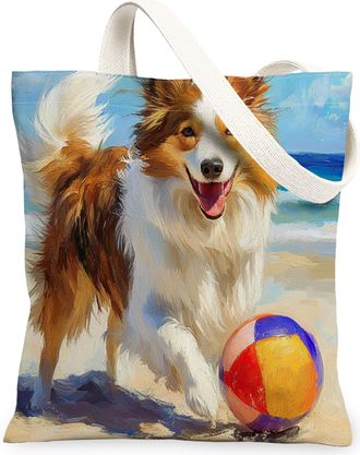 Generic Summer Shetland Sheepdog Dog Canvas Tote Bag for Shopping 13x15, Beach Coastal Beachy Puppy Reusable Grocery Print Bag for Women, Fun Pet Beach Aesthe