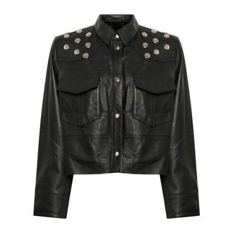 Gestuz Zwarte leren overhemdblouse met studs - Dames - Leren en Su&egrave;de Jassen - Zwart - XL - Jassen