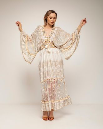 Tantra Lange blockprint-jurk met kant, borduursels en wijde mouwen