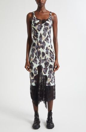 Collina Strada Stone Flower Drip Anemone Satin & Lace Tank Dress in Snow Leopard at Nordstrom, Size X-Large