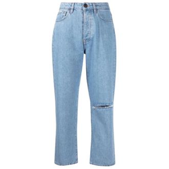 3x1 Straight-leg cropped jeans met ripped details - Dames - Jeans - Blauw - Maat: W28 Katoen