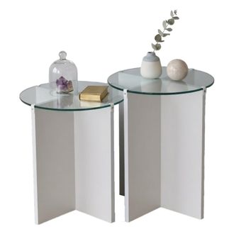 Dmora Mesas De Centro Genga, Set 2 Piezas Vidrio Templado, Forma Redonda, Tabla De Vidrio, 70x70x38h Cm Blanco