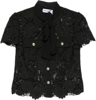 Self Portrait Guipure Lace Top met Strikkraag - Dames - Blouses - Zwart - XS - Overhemden