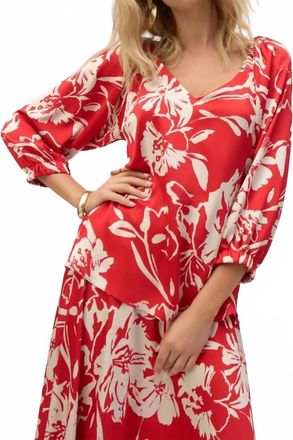 Joseph Ribkoff Satin Floral Print Straight Top In Red/cream