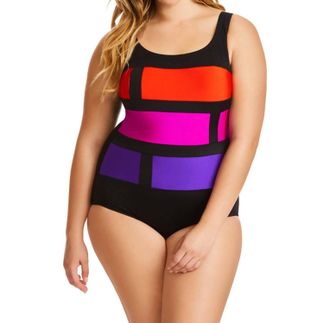 Longitude Color Block One Piece Swimsuit In Stained Glass Purple