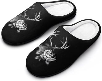 Generic Bass Fishes with Deer Antlers Funny Mens Slippers Cotton Warm House Shoes Memory Foam Sandals Print Size 7-14
