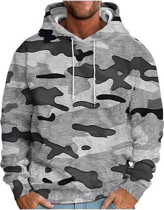 Generic Mens Hooded Sweatshirt Classic Pockets Winter Long Sleeve Pullover Tops Loose Fit Drawstring Camo Hooded