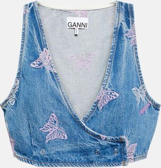 Ganni Embroidered denim crop top