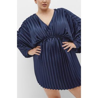 City Chic Chloe Pleated Long Sleeve Satin Minidress in Navy at Nordstrom, Size Xxl