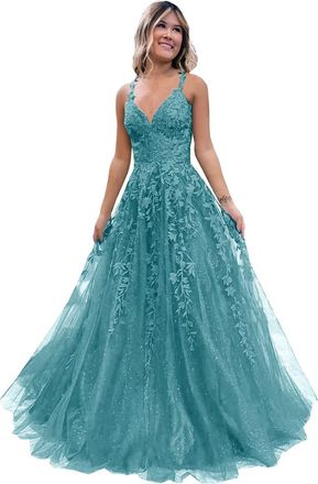 Generic Womens Lace Applique Prom Dresses Long Tulle Bridesmaid Dress A Line V Neck Formal Party Ball Gowns with Slit Turquoise 6XL