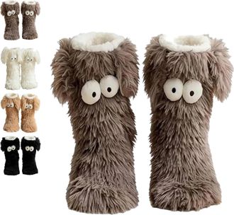 Generic Muffle Friends Cozy Socks, Womens Winter Fuzzy Non-Slip Slipper Socks with Cute Big Eyes, Ultra Soft Warm Home Socks (Gray)