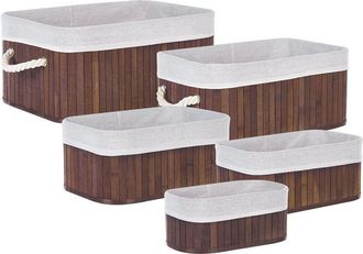 Beliani Conjunto De 5 Cestas De Madera De Bamb&uacute; Marr&oacute;n Blanco Asas Varios Tama&ntilde;os Talpe