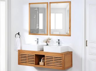 Vente-Unique Mueble de ba&ntilde;o suspendido de madera de acacia con doble lavabo y espejos - 130 cm - PENEBEL