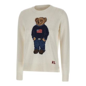 Polo Ralph Lauren Round-neck Knitwear, female, White, Size: M Polo Bear Cotton-Linen Crewneck Sweater