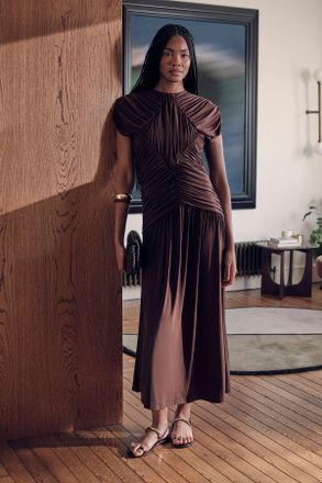 Karen Millen Womens Petite Premium Ruched Jersey Maxi Dress - Chocolate - Size X-Small